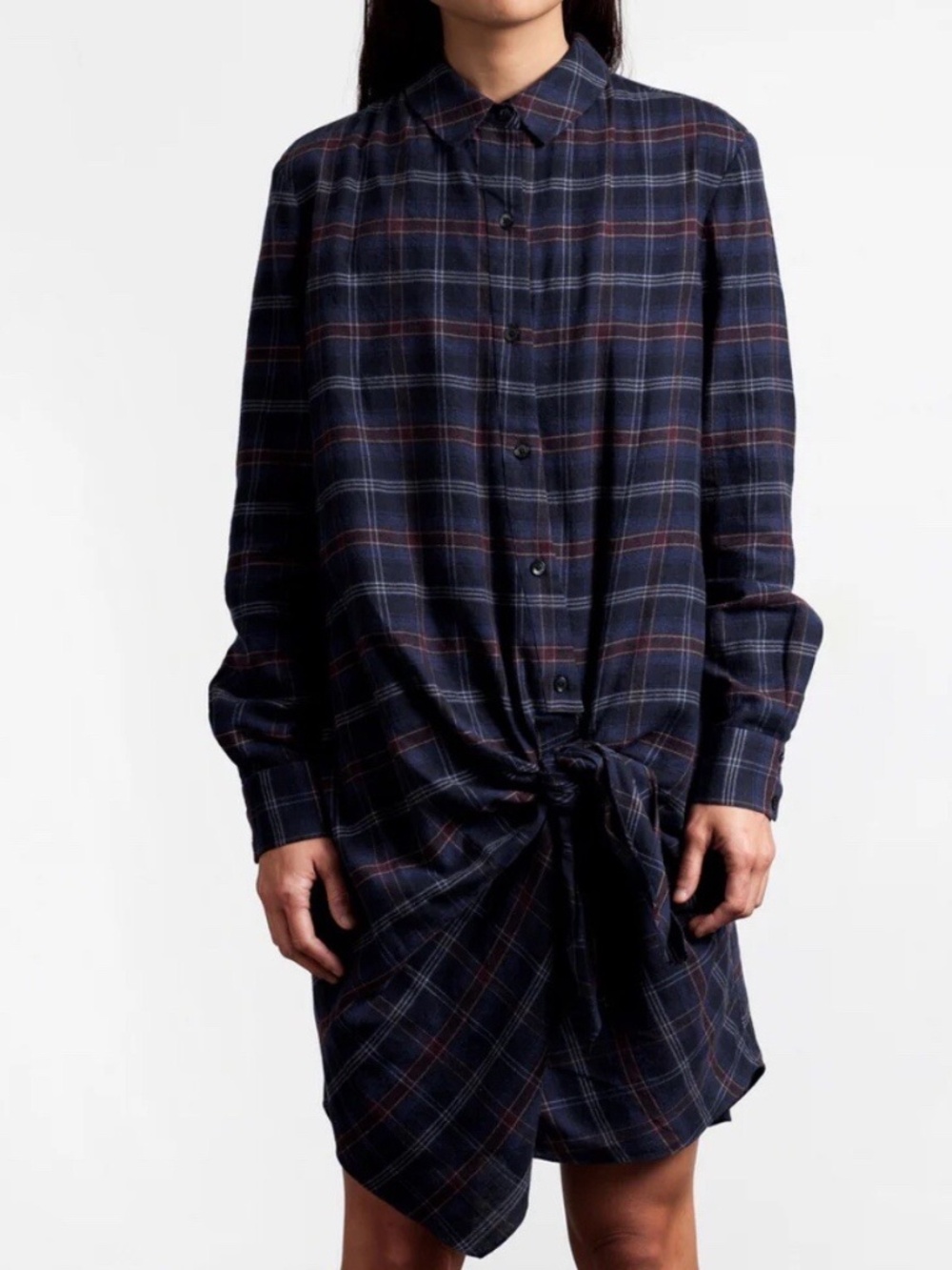 THAKOON ADDITION Flannel Navy Plaid Side Tie Shirtdress Size Large